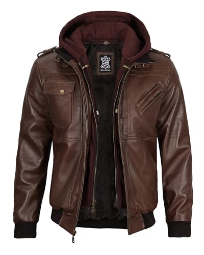 Image of fjackets Men Hooded Leather Jacket - Real Lambskin Men's Bomber Leather Jackets with Detachable Hood Stylish Casual Outerwear