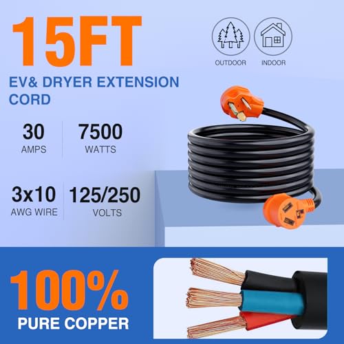 Image of Nilight 15FT EV Dryer Extension Cord 3 Prong 30 Amp NEMA 10-30P 10-30R Old Extensions Cable Heavy Duty 10 Gauge Pure Copper Wire UL Listed 125 /250V for Level 2 Using