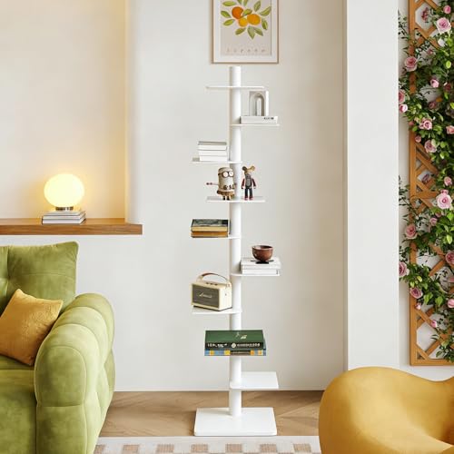 QTsrzzst Spine Bookshelf - Metal Book Tower 9-Tier Vertical Manga & Story Bookcase Tall Thin Standing Shelf for Home/Office White 68.5 L x 15.7 W x 15.7 H (174x40x40cm)