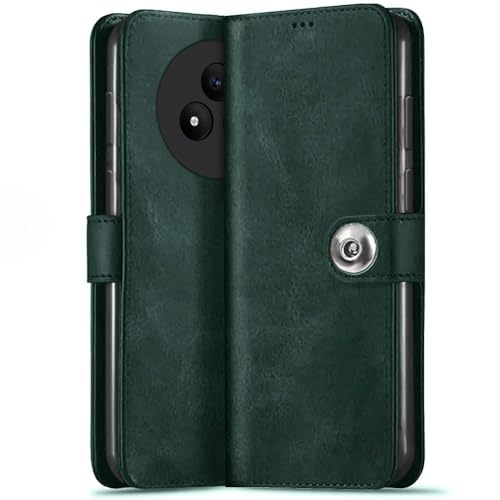 Image of TheGiftKart Flip Cover Back Case for Realme Narzo 80 Pro 5G | Genuine Leather Finish | Designer Button | Inbuilt Pockets & Stand | Wallet Style Flip Back Cover for Narzo 80 Pro (Faux Leather, Green)