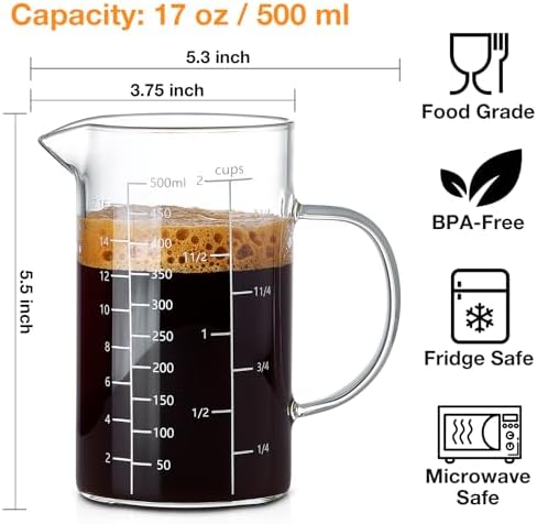 500ML 2 CUP Glass Liquid Measuring Cup With Handle, High Borosilicate Glass Three Scales (OZ, Cup, ML/CC) for Kitchen or Restaurant, V-Shaped Spout Glass Measuring Beaker, Easy To Read - Thumbnail 5