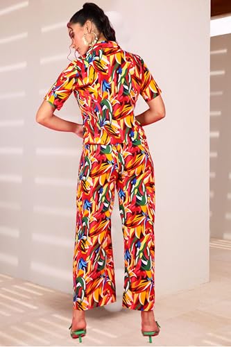 Image of POPWINGS Casual Floral Printed Monochrome Crop Shirt and Trouser Co-Ords Set for Women | Top and Bottom Set for Women |Printed Shirt and Trousers Set | Women Collar Shirt and Trousers Set Summer Wear