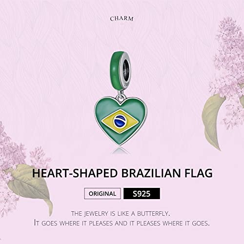 Heart Shaped Brazilian Flag Charm 925 Sterling Silver Charm Fits For Pandora Bracelet, European Charms Bracelet, Women Gift4