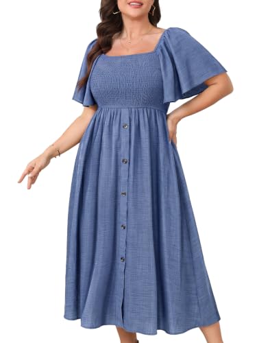 Image of Plus Size Casual Maxi Boho Dress for Curvy Women Short Sleeve Square Neck Smocked Summer Beach Dresses Button Down