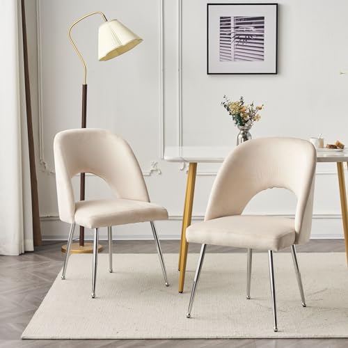 Merax Dining, Velvet Tub Living Room, Bedroom Loop Backrest and Metal Legs, Modern Upholstered Armchair, Kitchen Comfy Lounge Chairs, Beige07, 2pcs