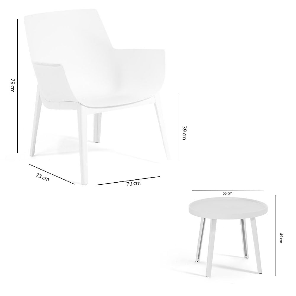 Lot de 2 fauteuils avec table basse d'extérieur en polypropylène renforcé de fibre de verre, fauteuils de piscine, fauteuils de balcon ergonomiques - Betty (ensemble avec table blanche)