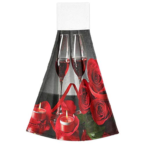 Red Wine In Glasses Red Rose Candle 2 Pcs Hanging Kitchen Hand Towels, Hanging Tie Towels With Hook & Loop Washcloth Dishcloths Sets Decorative Absorbent Tea Bar Bath Hand Towel #TOP1