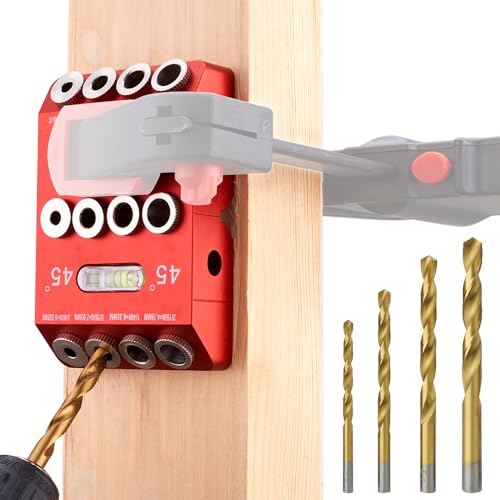 BOXmime 30°/45°/90° Angle Drill Guide Jig, Aluminium Alloy Straight Hole Drilling jig,table Block Attachment Tool for Cable Railing System,Wood Post,Railing Deck Woodworking with 4 drill bits