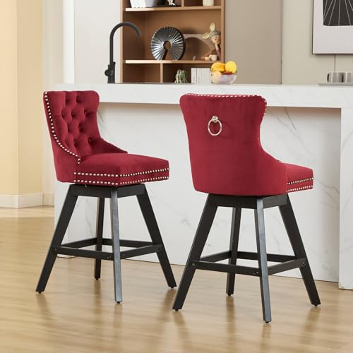 Set de 4 Butacas de Bar Giratorias, Terciopelo Rojo, Altura para Barra con Respaldo | Butacas Giratorias para Barra con Asiento Acolchonado, Respaldo Curvado, Patas de Madera Maciza y Detalle de Tachuelas miniatura 4