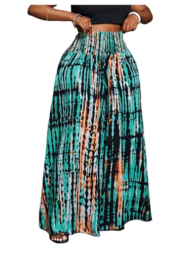 GORGLITTER Women's Plus Size Boho Wide Leg Pants Striped High Waisted Flowy Palazzo Travel Pants Work Trousers Bottoms