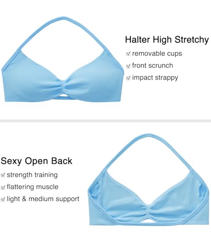 Image of OMKAGI Halter Sports Bras for Women Padded Strappy Bra Open Back Workout Gym Crop