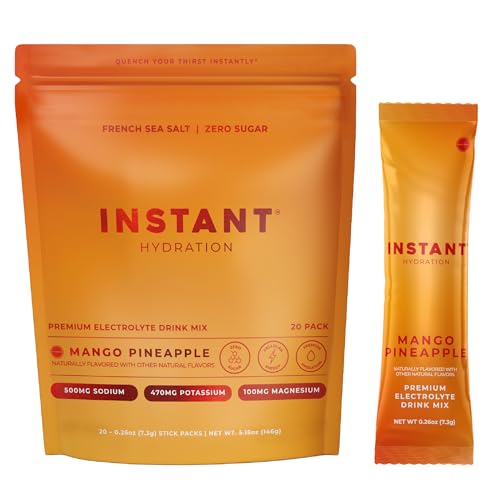 Image of Instant Hydration Sugar Free Electrolytes Powder Packets - Mango Pineapple Electrolyte Drink Mix & Travel Essentials - Post Workout Recovery, Brain Health, Muscle & Tissue Support - 20 Sticks