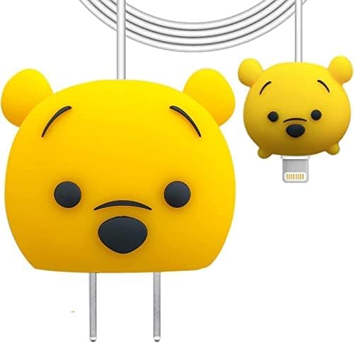 Image of Cartoon 3D Design Protective Case for 18W 20W iPhone 14 13 12 11 Pro Max Fast Charging Cable Adapter Charger, Cute Cartoon Lightning Data Cable Case for iPhone Charger Yellow Bear