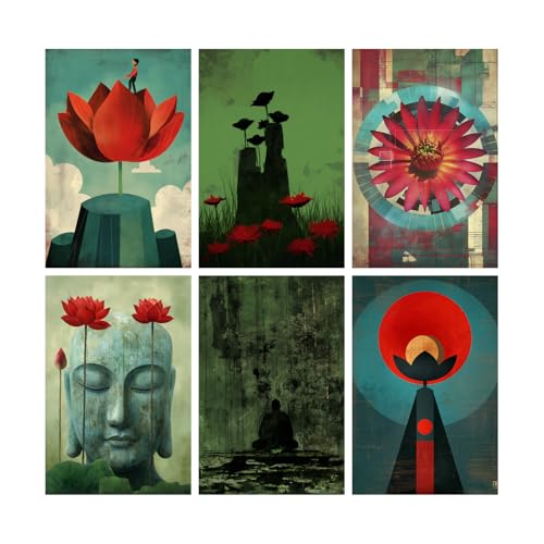 Image of SiddArtify Red - Green Lotus Flower Art Print Set - Sticker - 12x18 Inch - Pack of 6 Wall Room Decoration art Poster Prints