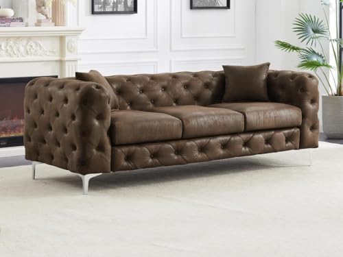 Vente-unique-Sofá de 3 plazas Chesterfield de Microfibra con Acabado de Piel Envejecida Edwina