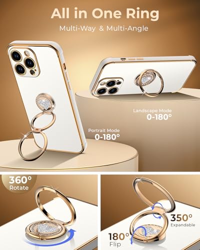 Image of XYZ for iPhone 14 Pro Back Cover Case with Stand, Phone Case with Double Ring Kickstand, for Girls Women, Luxury Cute Bling Protective Phone Cover Case for iPhone 14 Pro, White | Double Ring Holder, Cute Love-Heart, Phone Chain Wristlet, Wrist Strap, Women Girls Bling Luxury Protective Case, White