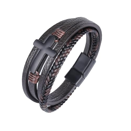 Mens Leather Cross Bracelet Braided Multi Layer Wristband with Stainless Steel Clasp - Christian Religious Gifts for Him(Brown/Black/Blue)