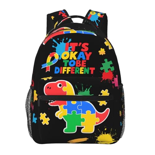 Xalvyriehf Mochila infantil de conscientização do autismo – Mochila infantil colorida com design de quebra-cabeça de dinossauro com capa para laptop, mochila escolar leve para meninos e meninas