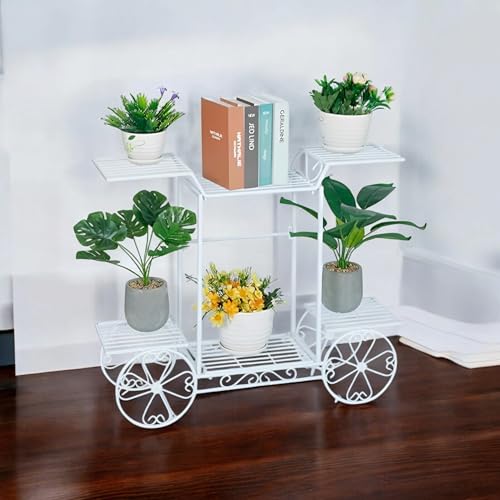 Kundi 6-Tier Cart Planter Stand, Outdoor Flower Rack Flower Pot Display Rack 62x69x22cm (White) (White) Kundi 6-Tier Cart Planter Stand, Outdoor Flower Rack Flower Pot Display Rack 62x69x22cm (White) (White)