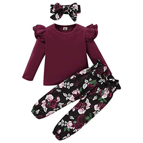 SANMIO Cute Floral Girl Clothes Outfits, Toddler Baby Girl Clothes Set Ruffle T-Shirt + Pant Set with Headband - - 4-5 Years Cover