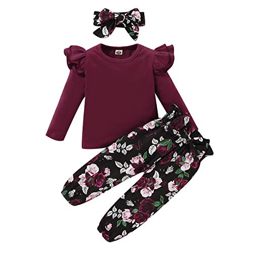 Image of SANMIO Toddler Girl Clothes Outfits Cute Ruffle Sleeve Shirt Floral Pant with Headband, 3Pcs Baby Girl Clothing Set 1-5T