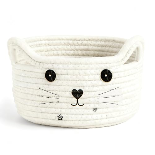 DIYCUT Panier Rangement Petit, Panier en Coton, Corbeille Rangement Chambre en Forme de Chat, Rangement Jouet Blanc, Peut Contenir Serviettes, Jouets et...