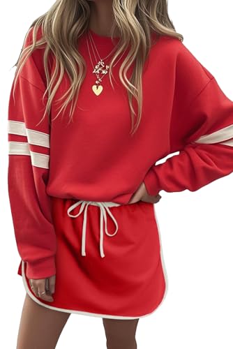 KevaMolly Womens Skirt Sets Fiery Red Varsity Stripe Detail Drop Shoulder Pullover Mini Skirt Set Casual Two Piece Sets Fiery Red L
