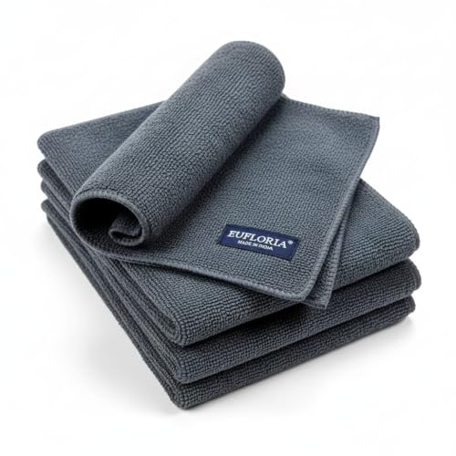 EUFLORIA Microfiber Cloth 4 PCS - 40×40- CM 340 GSM Grey, Thick Lint & Streak-Free Multipurpose Cloths - Automotive Microfibre for Car Cleaning Polishing Washing & Detailing (Pack of 4)
