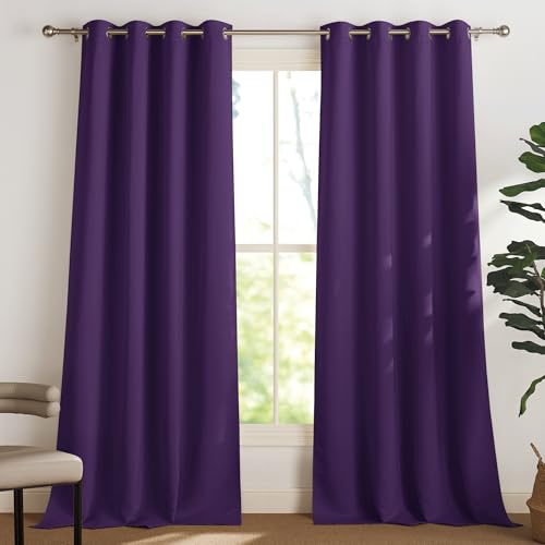PONY DANCE Rideau Occultant - Draperies Interieurs Lourds Isolation Thermique avec Oeillets Décoration de Fenêtre Tissu Uni Solid Polyester, 2 Panneaux, Violet, 140L X...