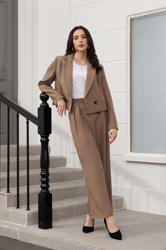 Lamgool Women's Suit 2 Piece Casual Outfits Cropped Blazer High Waisted Wide Leg Pants for Work3