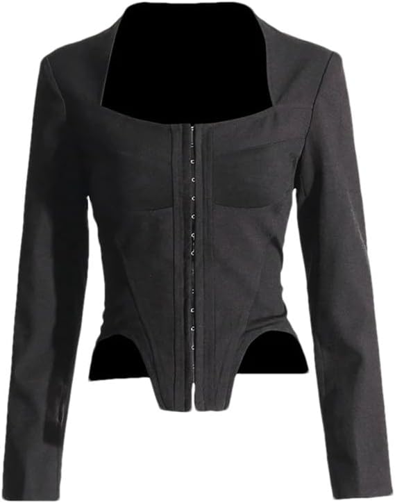 Vsadsau Solid Irregular Hem Slimming Coat for Women Square Collar Long Sleeve Short Corset Coats