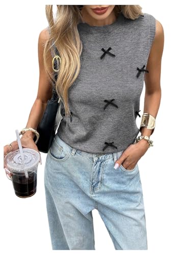 MakeMeChic Women's Bow Sweater Vest Crew Neck Sleeveless Y2k Preppy Pullover Knit Tank Tops