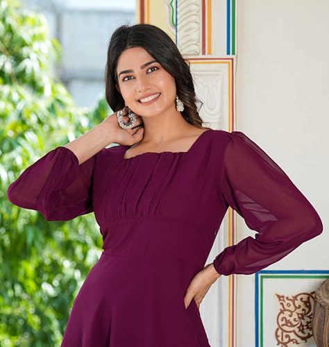 Yash Gallery Women's Georgette 3/4 Puff Sleeve Square Neck Midi Dress3