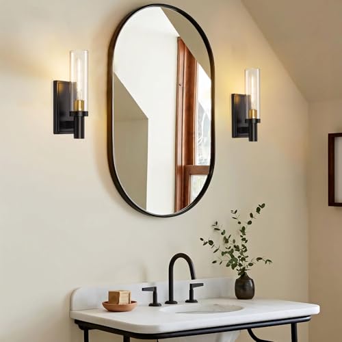 Image of 1-Light Wall Sconces Set of 2, Modern Bathroom Sconces Wall Lighting with Clear Glass, Black & Brushed Brass Wall Mount Lights for Living Room Corridor Mirror Bedroom Stairway, E26 Base