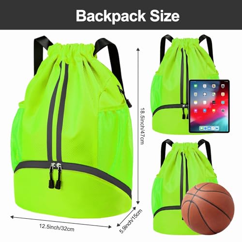 شنطة ظهر رياضية برباط سحب - شنطة رياضية للسباحة وصالة الالعاب الرياضية مع جيب للاحذية وجيب مقاوم للبلل للنساء والرجال، شنطة رياضية برباط سحب لكرة القدم وكرة السلة. (اخضر)