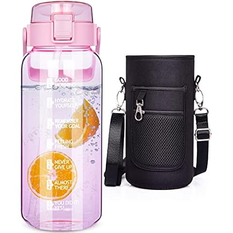 DEARRAY 2 liter Große Trinkflasche Glas mit Strohhalm & Tragetasche für 2l Borosilikatglas Wasserflasche 2000 ml Trinkflasche Sport Motivation Cover