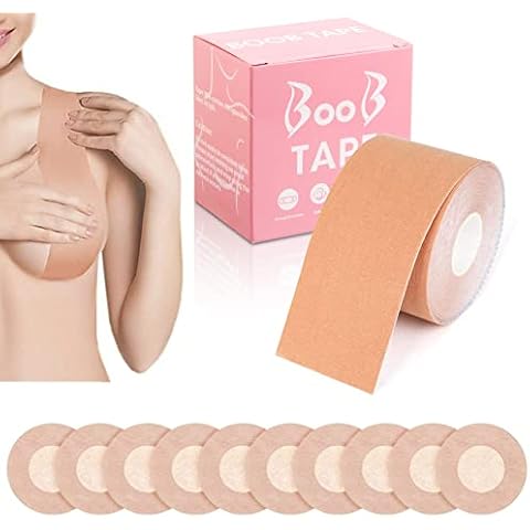 Boob Tape, Adhesive Bra Body Tape Breast Lift Tape, 5M DIY Invisible Breast Tape and 10 PCS Nipple Covers for Large & Small Breasts Adhesive Bra Breast Lifting Support for Clothes, Dresses A-E Cups Cover
