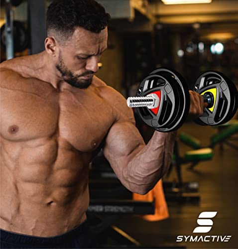 Image of Amazon Brand - Symactive Professional Metal Integrated Rubber Adjustable 50 Kg Dumbbells Fitness Kit For Full Body Workout (2.5X4 + 5X8 Kg Rubber Weight, 14'' Dumbbell Rods Pair & Nuts), Multicolor