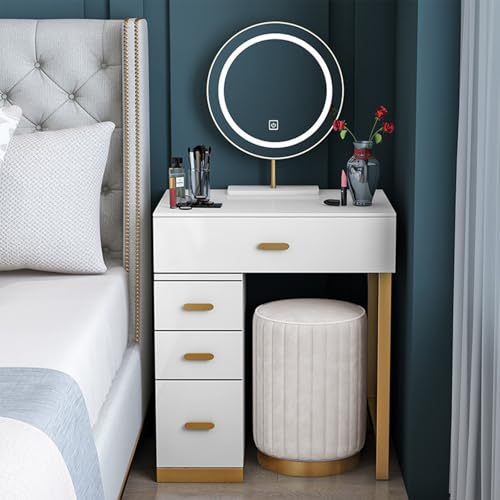 AnYaBinni Tocador con Espejo Grande y Iluminación LED en 3 Colores de luz, Brillo Ajustable, Tocador con 5 Cajones de Madera Maciza y Taburetes para Dormitorio, Vestidor, 50/60 * 40 * 75 CM