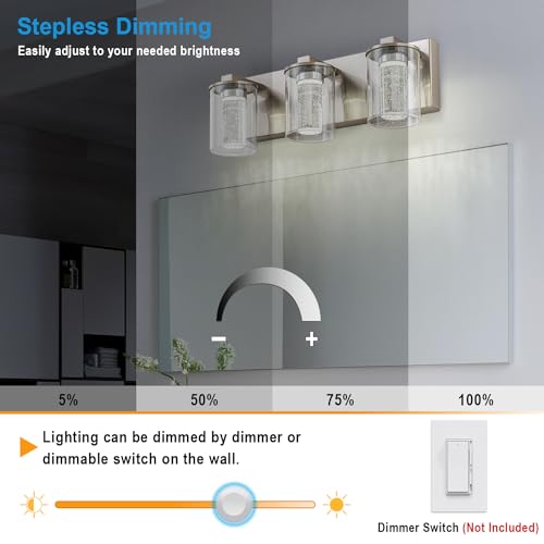 Image of SineRise Bathroom Vanity Light with 3 Color Modes (3000K /4000K /6000K), Eye Protection LED Bathroom Light Fixture, Dimmable Modern Wall Light Over Mirror with Clear Glass Shade (Nickel, 3-Light)