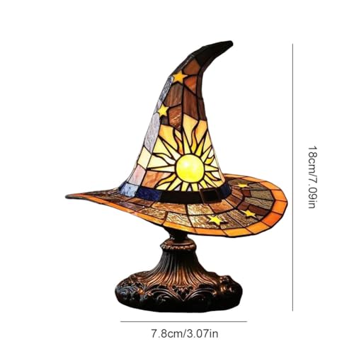 Image of Witch Hat Lamps, Handcrafted Stained Glass Resin Wizard Hat Light Gothic Table Lamp for Halloween Decor, Spooky Night Light for Bedroom and Indoor Parties, Unique Wiccan Gift