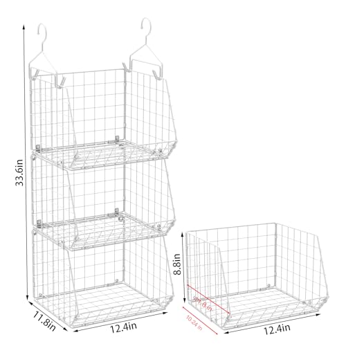 X-cosrack 3 Tier Foldable Closet Organizer, Clothes Shelves with 5 S Hooks, Wall Mount&Cabinet Wire Storage Basket Bins, for Clothing Sweaters Shoes Handbags Clutches Accessories-White Patent Design by X-cosrack - Used condition - Image 7