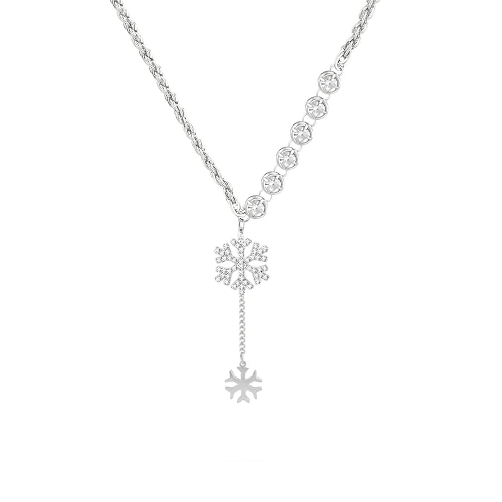 Lariat Snowflake Cubic Zirconia Necklace Dainty Silver Plated Crystal Winter Flower Y-Shaped Twist Rope Chain Pendant Drop Necklaces Adjustale Fashion Jewelry for Christmas Festive Party