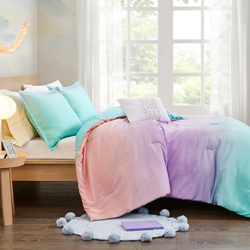Mi Zone Twin Comforter Set Reversible Bed Comforter Metallic Glitter Ombre Printed for Dorm College Girls, All Season Bedding Set, Sham & Toss Pillow, Glimmer Pink Purple Rainbow Twin/Twin XL 3 Piece