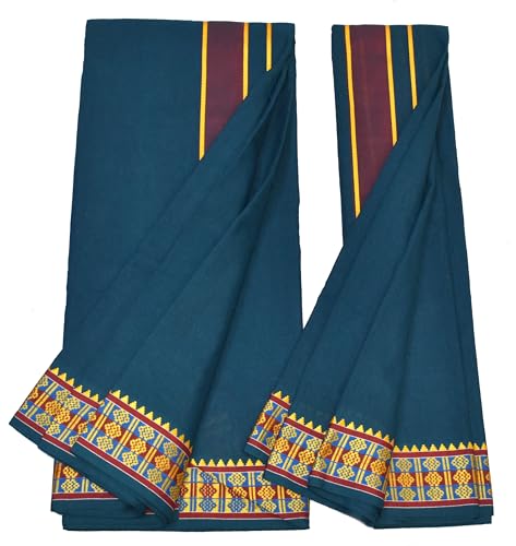 Image of TUNI MANI Men's Panchakacham Dhoti with Angavasthram with Zari Border, Cotton, Size: 9 X 5 (4.0mtr Dhoti, 2.25mtr Towel)
