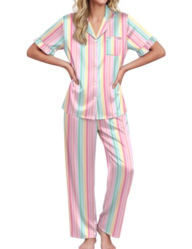 Image of Ekouaer Silk Satin Pajamas for Women Set 2 Piece Short Sleeve Button Up Pjs