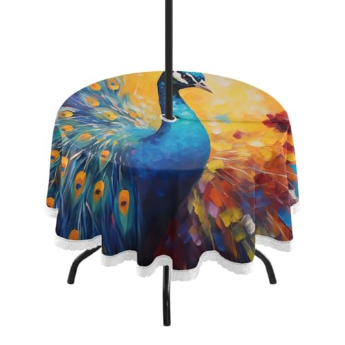 Wajiw 60 Inch Indoor Outdoor Round Tablecloth with Umbrella Hole and Zipper Waterproof Patio Table Cover for Camping Dining Room Party Outdoor Picnic,Peacock