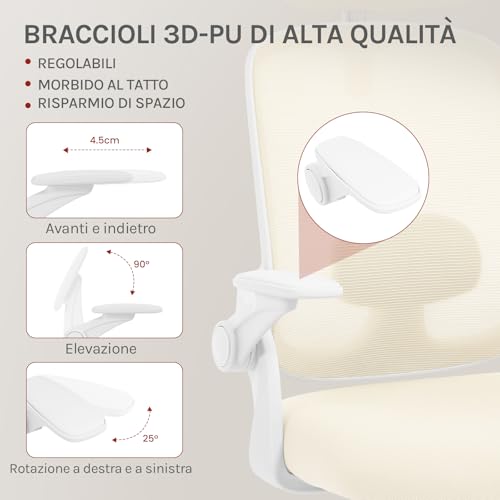 Sedia Ufficio Ergonomica con Poggiatesta e Braccioli Regolabili, Supporto Lombare, Poltrona Scrivania Girevole in Rete Traspirante Funzione Dondolo, Beige - Sedia gaming - Immagine 4