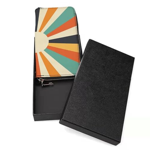 Retro Colorful Sun Ray Minimalist Aesthetic PU Leather Clutch Long Bifold Wallet, Coin Purse Credit Pass Case, Durable Card-Holder Money Storage for Women Men3