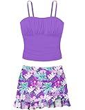 ADIRUN Girls Tankini Bathing Suits Size 12-14 Two Piece Tropical Print Pleated Tween Girls Swimsuits Adjustable Straps with Ruffle Drawstring Skirt Swimwear Purple 13-14 Years